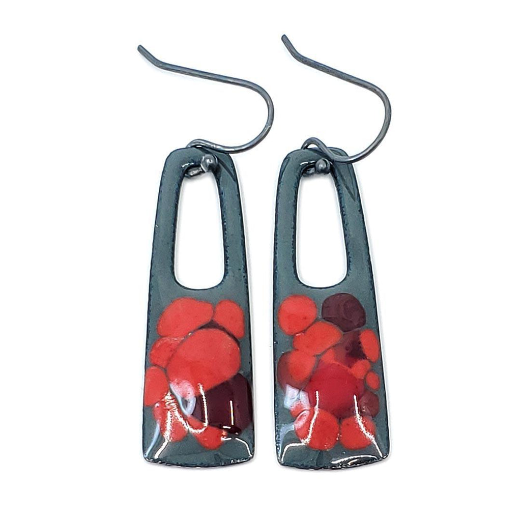 Earrings - Medium Open Rectangle (Red Blobs on Gray) by Magpie Mouse Studios