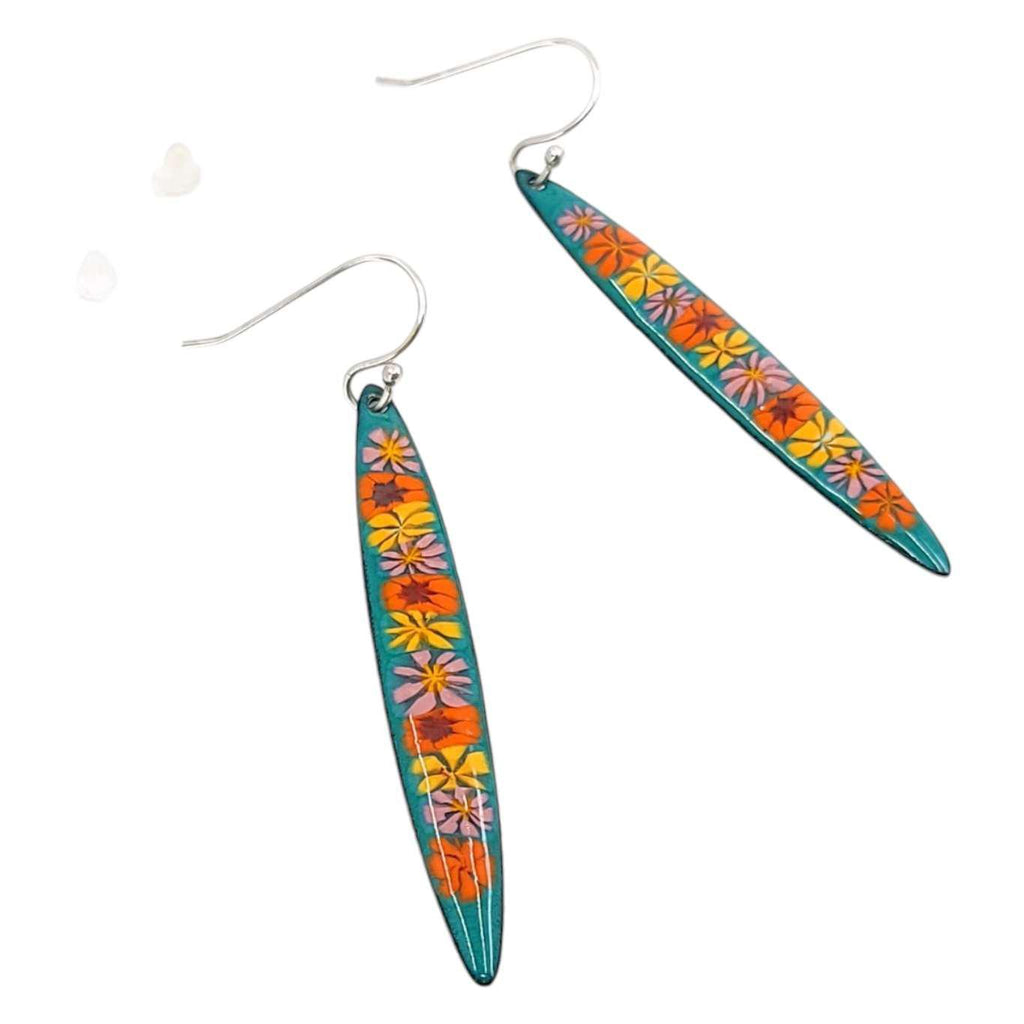 Earrings - Long Stiletto (Orange Floral on Teal) by Magpie Mouse Studios