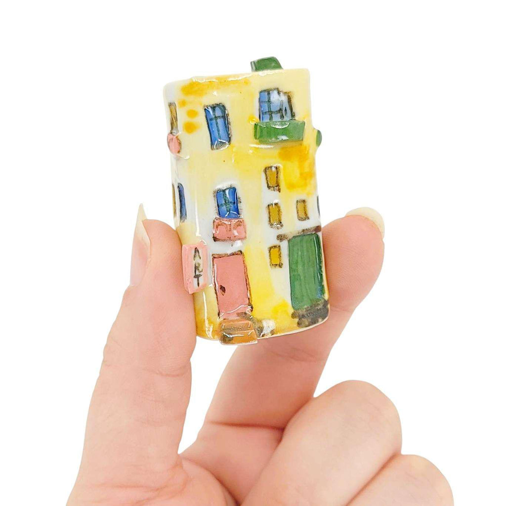 Collectible - Tiny House - Art Gallery (Yellow Walls, Green Roof, Pink Door) by Mist Ceramics