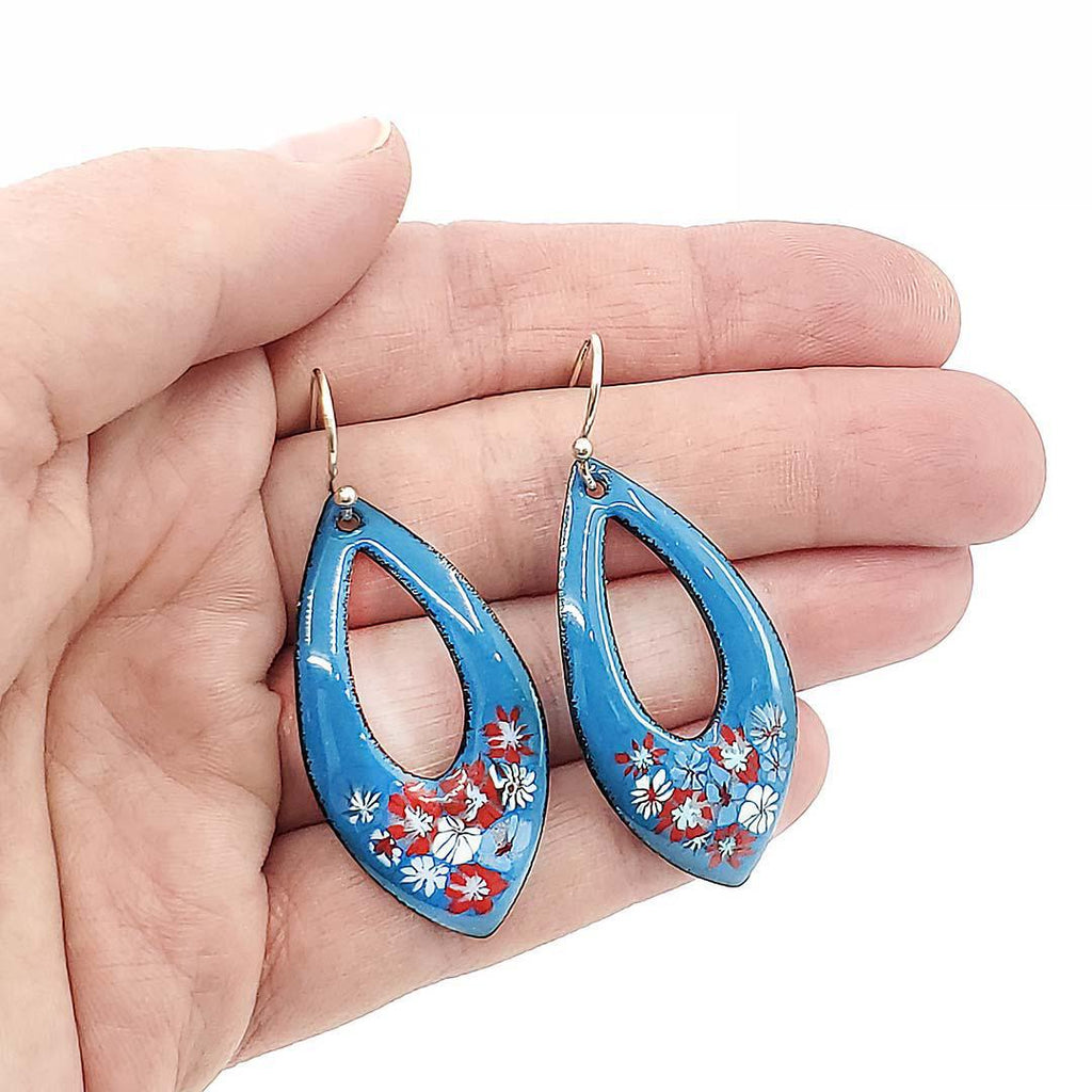 Earrings - Open Marquise (Red White Floral on Aegean Blue) by Magpie Mouse Studios