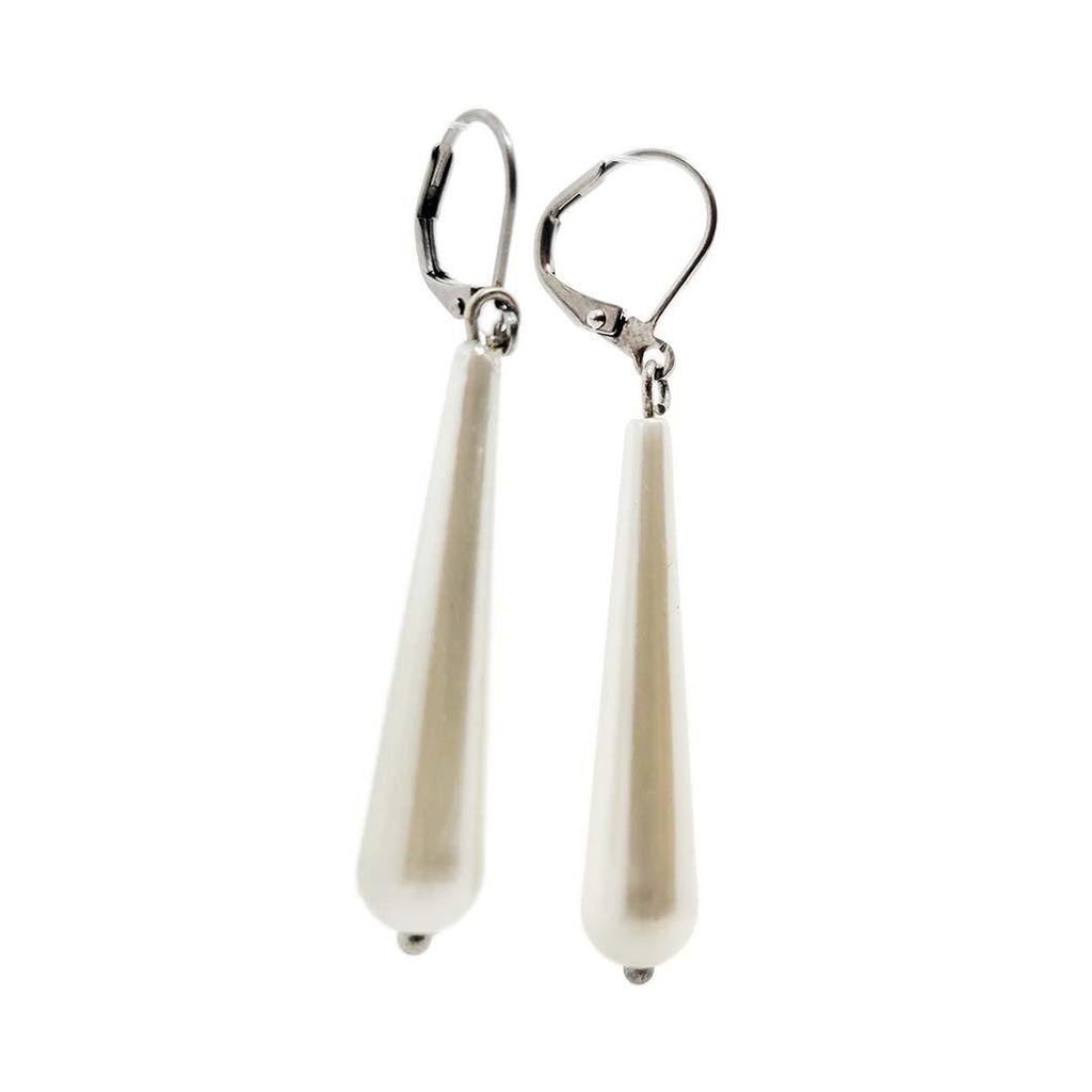 Earrings - Faux Pearl Long - Drop White Stainless Steel by Christine Stoll Studio