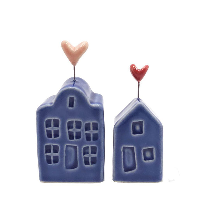 Tiny Pottery House - Dark Blue with Heart (Pink or Red) by Tasha McKelvey