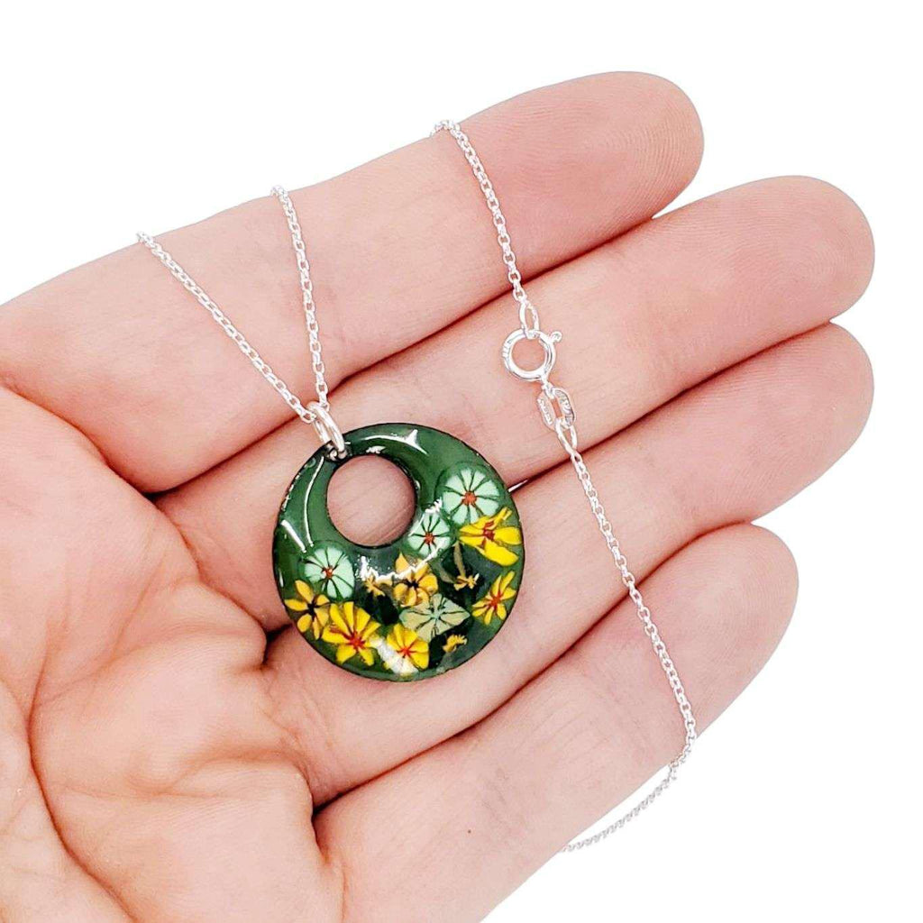 Necklace - Offset Small Circle (Green Floral) by Magpie Mouse Studios