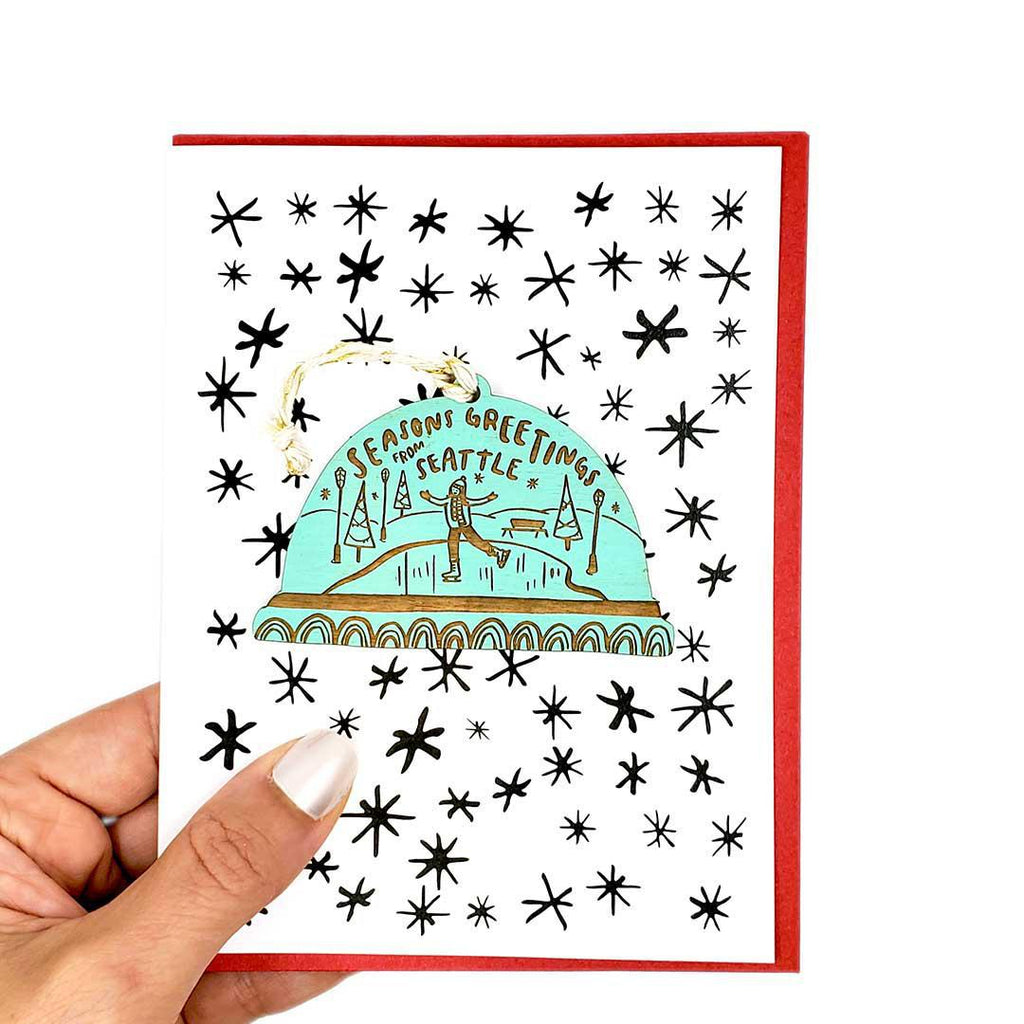 Ornament Card - Season Greetings from Seattle Snowglobe (Aqua) by SnowMade