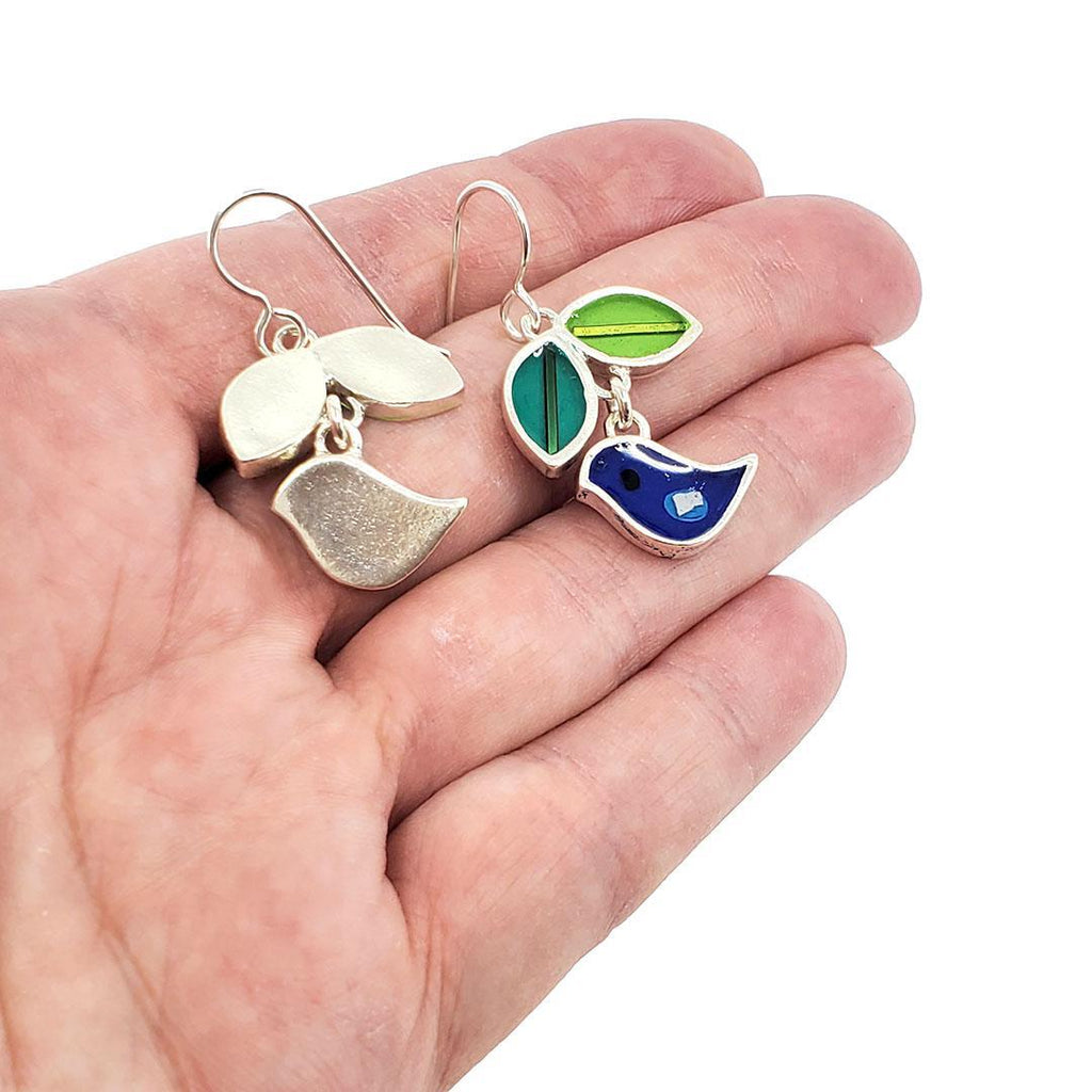 Earrings - Bird and Leaves (Dark Blue) by Happy Art Studio