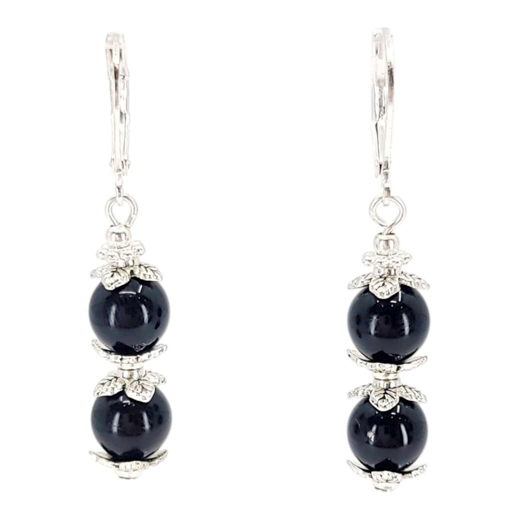 Earrings - Double Bead Drops (Black Resin, Silver plate) by Tiny Aloha