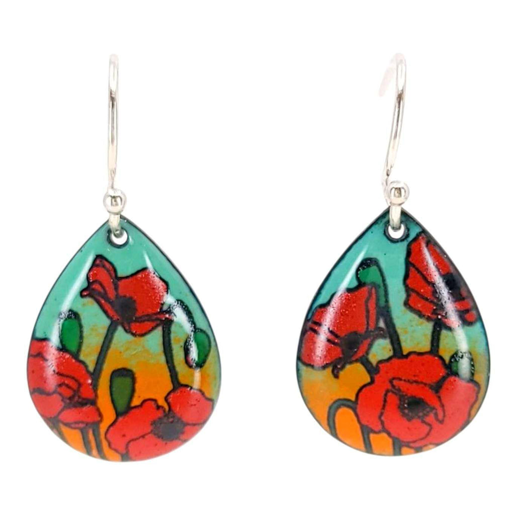 Earrings - Small Teardrop (Poppies on Turquoise Orange) by Magpie Mouse Studios