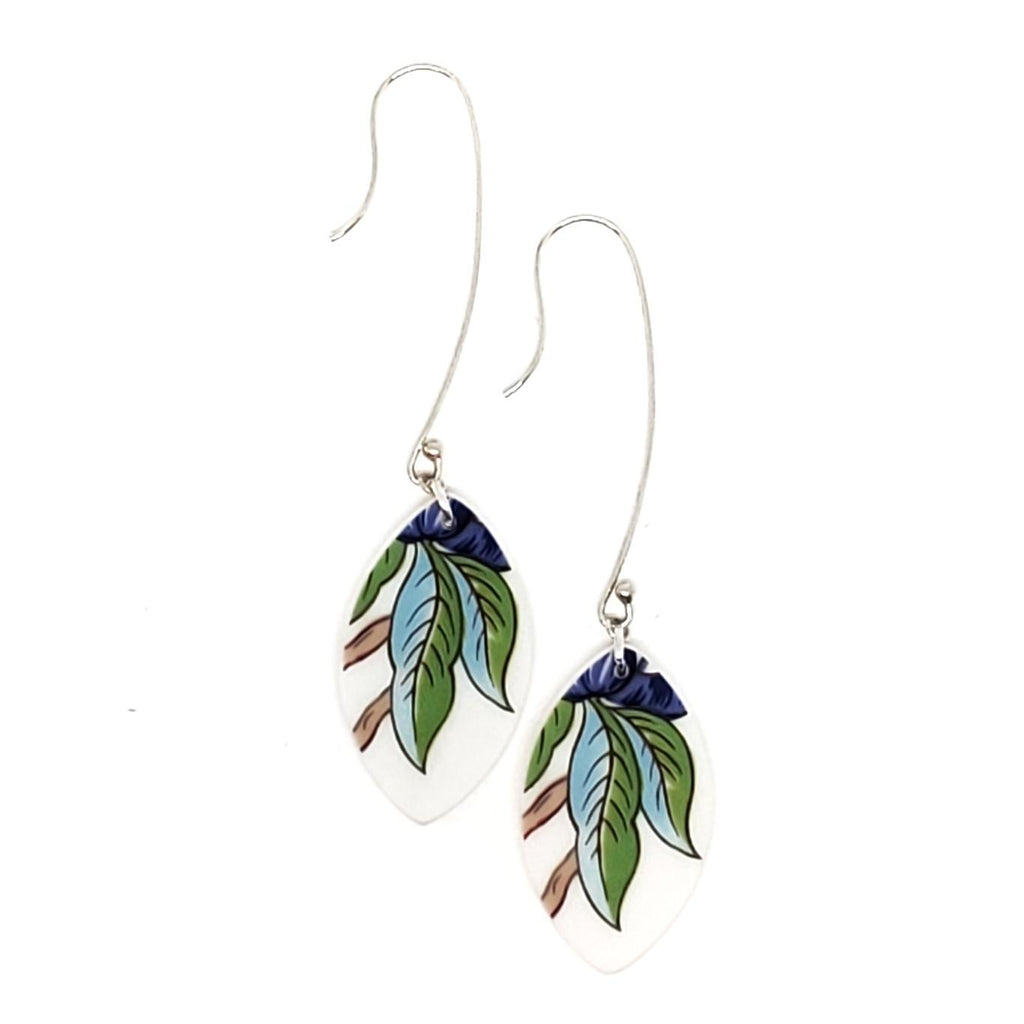 Earrings - Long Blue Green Leaf Vintage China by Material+Movement