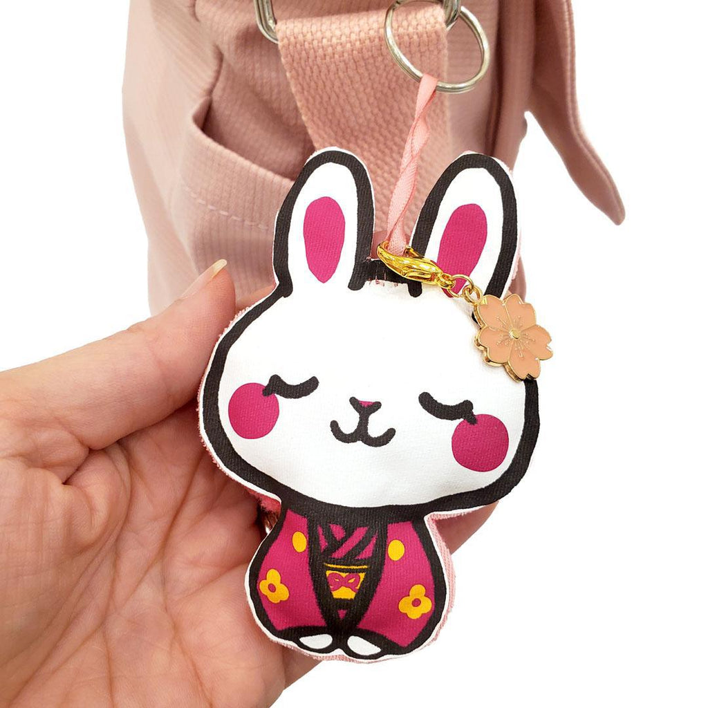 Messenger Bag - Ninja Bunny with Geisha Bunny Friend on Pink Bag by Namu