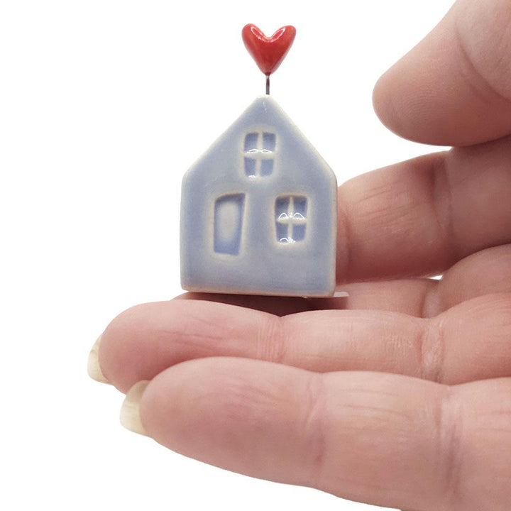Tiny Pottery House - Light Blue with Heart (Red or Pink) by Tasha McKelvey