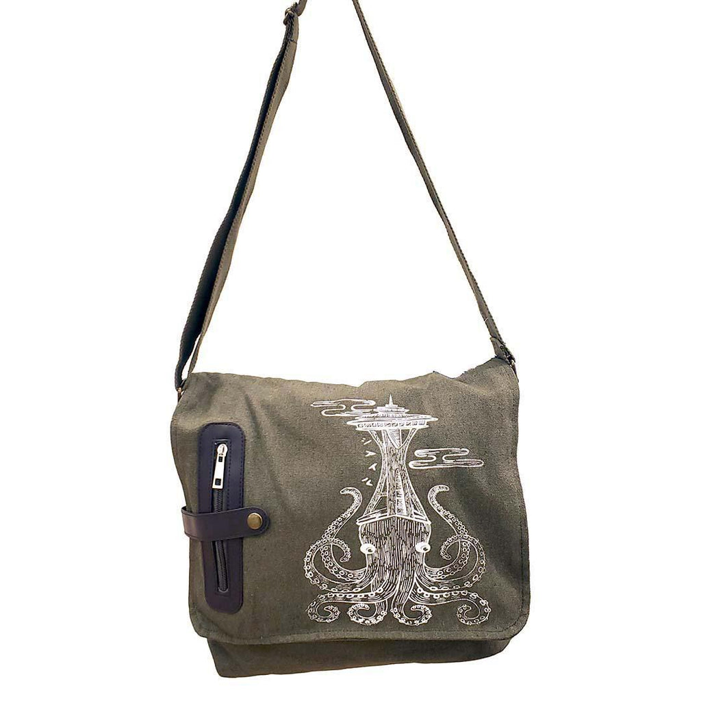 Laptop Bag - White Seattle Octopus on Olive Bag by Namu