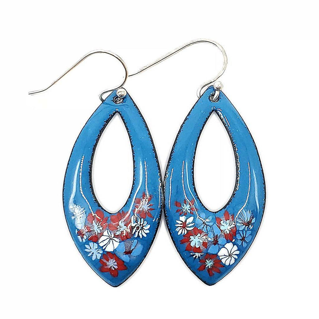 Earrings - Open Marquise (Red White Floral on Aegean Blue) by Magpie Mouse Studios