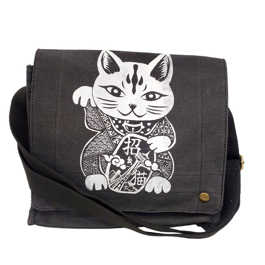 Messenger Bag - Lucky Cat White Ink on Black Canvas Bag by Namu
