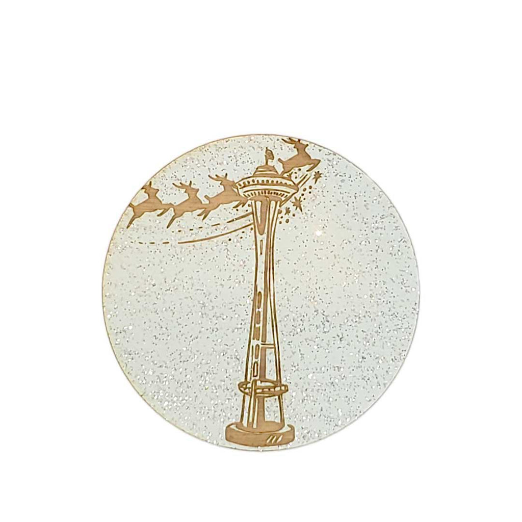 Magnet - Reindeer over the Space Needle Round (Seafoam Glitter) by SnowMade