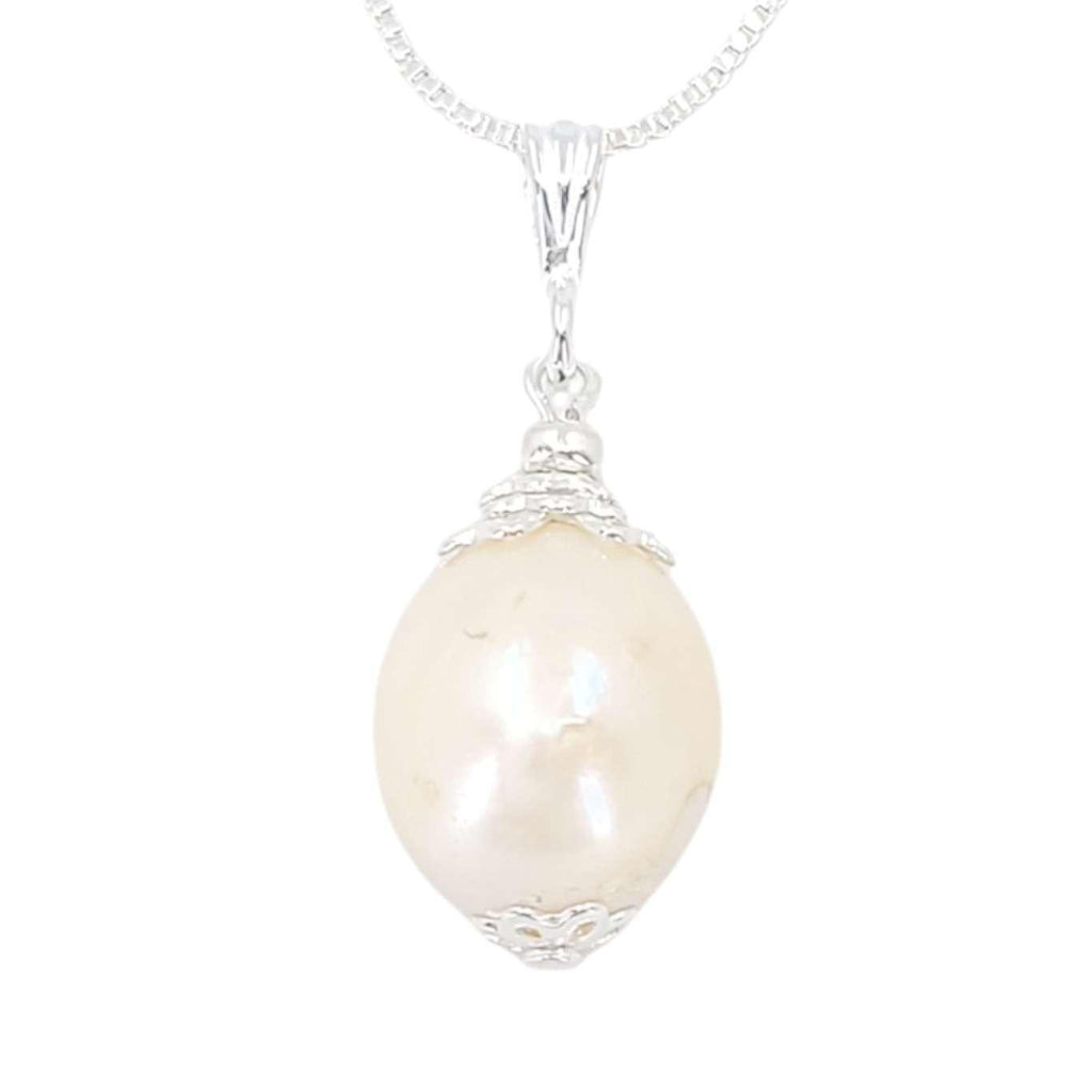 Necklace - Large Single Pearl Pendant (Cream, Silver Plate Box Chain) by Tiny Aloha