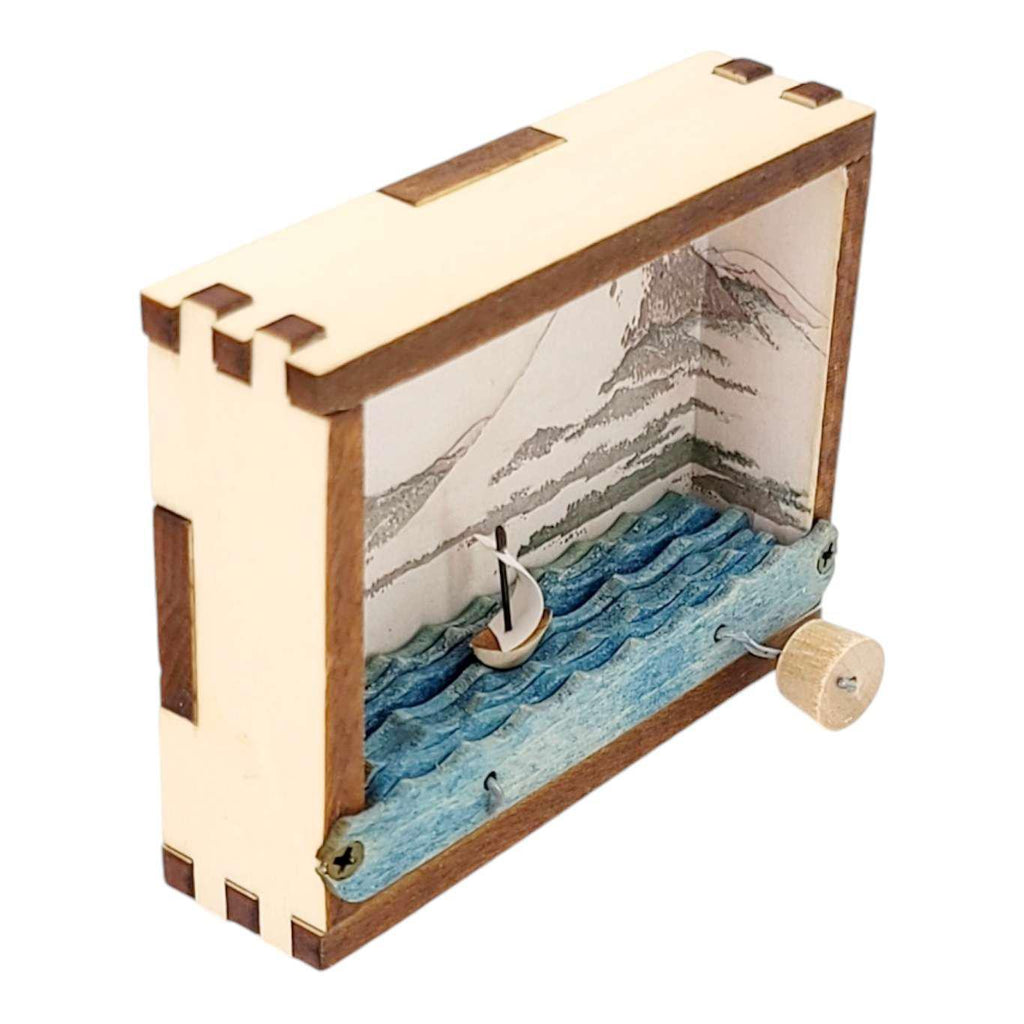 Kinetic Sculpture - Hand Cranked Wooden Mt. Fuji Black and White Sailboat by Cartoon Monster