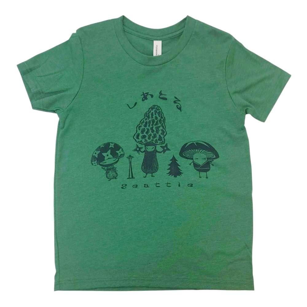 Kids Tee - Mushroom Trio on Emerald Green Crew Neck (Youth S - XL) by Namu