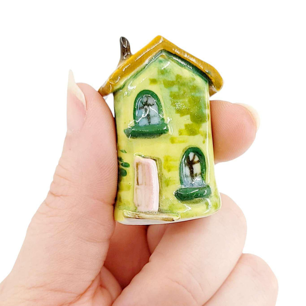 Tiny House - Green House Pink Door Light Brown Roof by Mist Ceramics