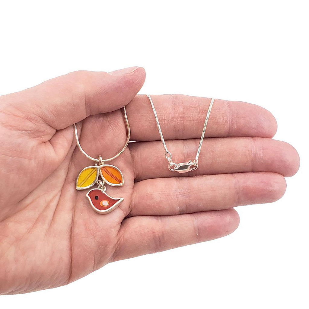 Necklace - Red Bird with Yellow Orange Leaves (A or B) by Happy Art Studio