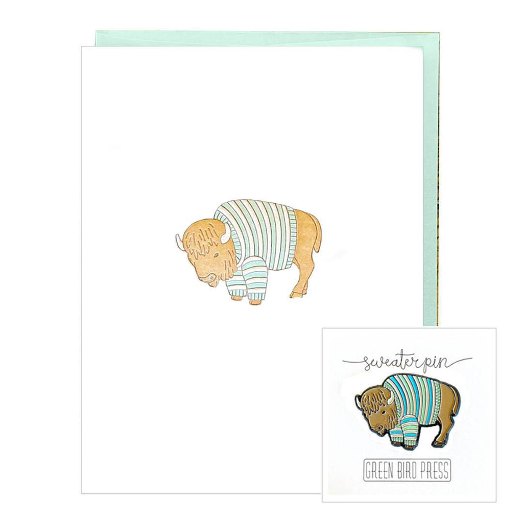 Gift Bundle - Buffalo in a Sweater Card and Enamel Pin Set by Green Bird Press