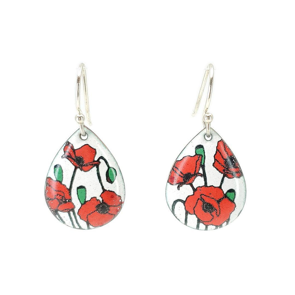 Earrings - Red Poppies Small Teardrop (White) by Magpie Mouse