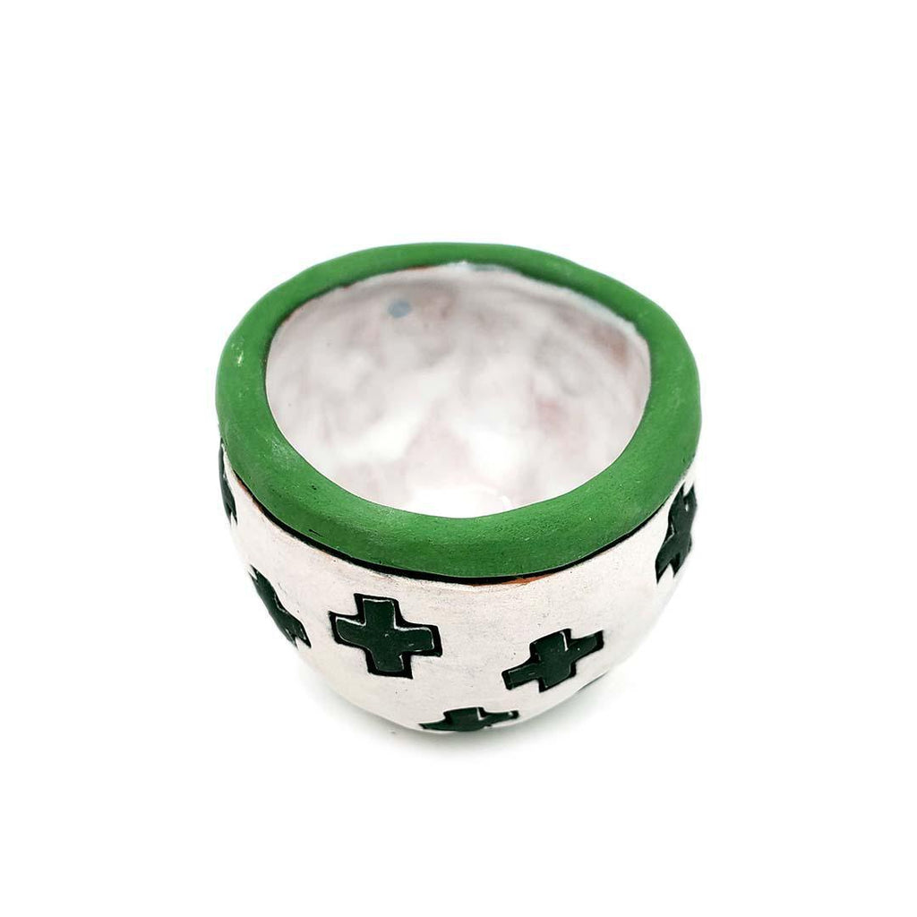 Tiny Cup - 2.5in - Green Crosses on White by Leslie Jenner Handmade