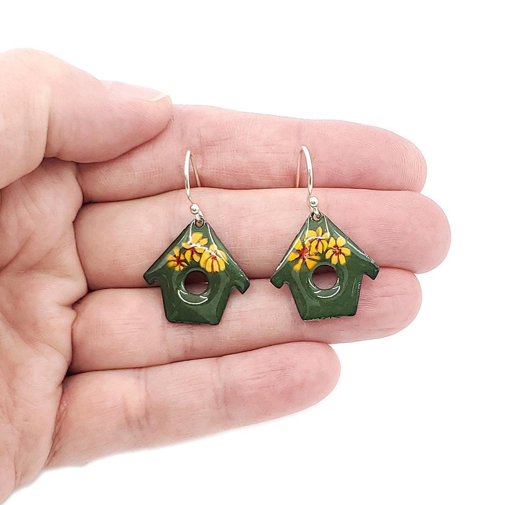 Earrings - House (Yellow Floral on Forest Green) by Magpie Mouse Studios