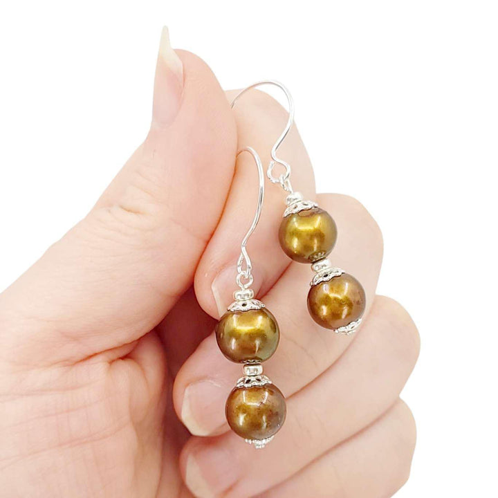 Earrings - Double Stacked Pearl Drops (Bronze Pearl, Silver Fill) by Tiny Aloha