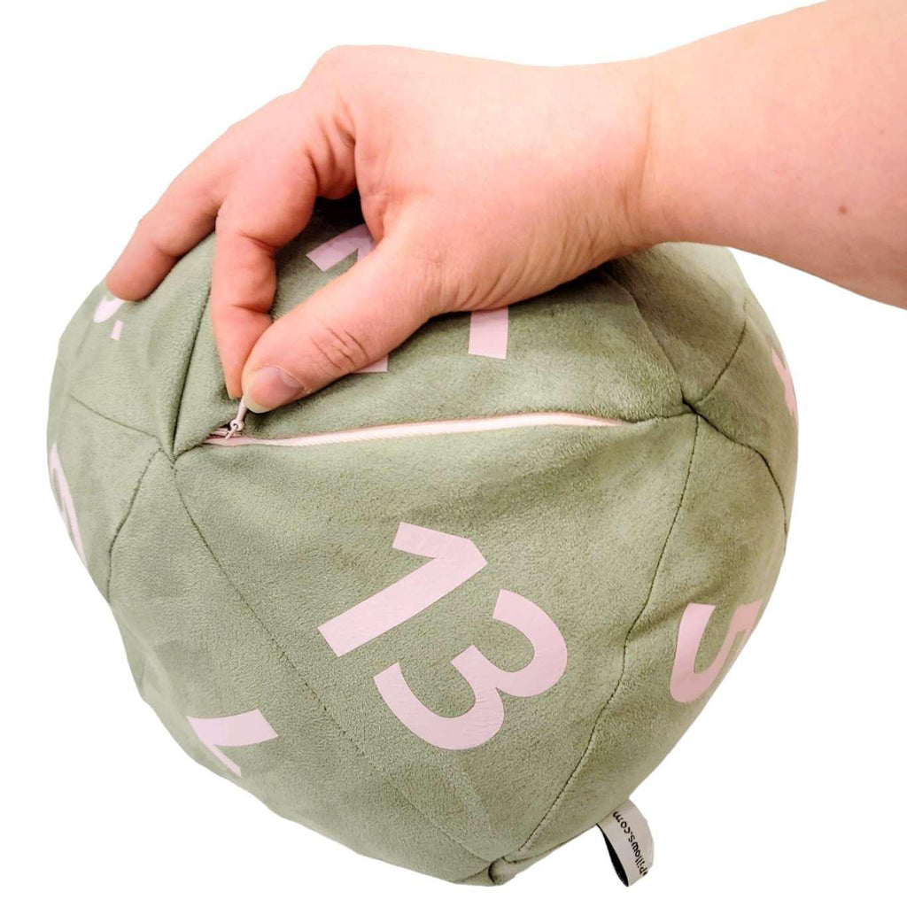 Pillow - Large D20 Plush in Sage Green Ultrasuede with Soft Pink Numbers by Saving Throw Pillows