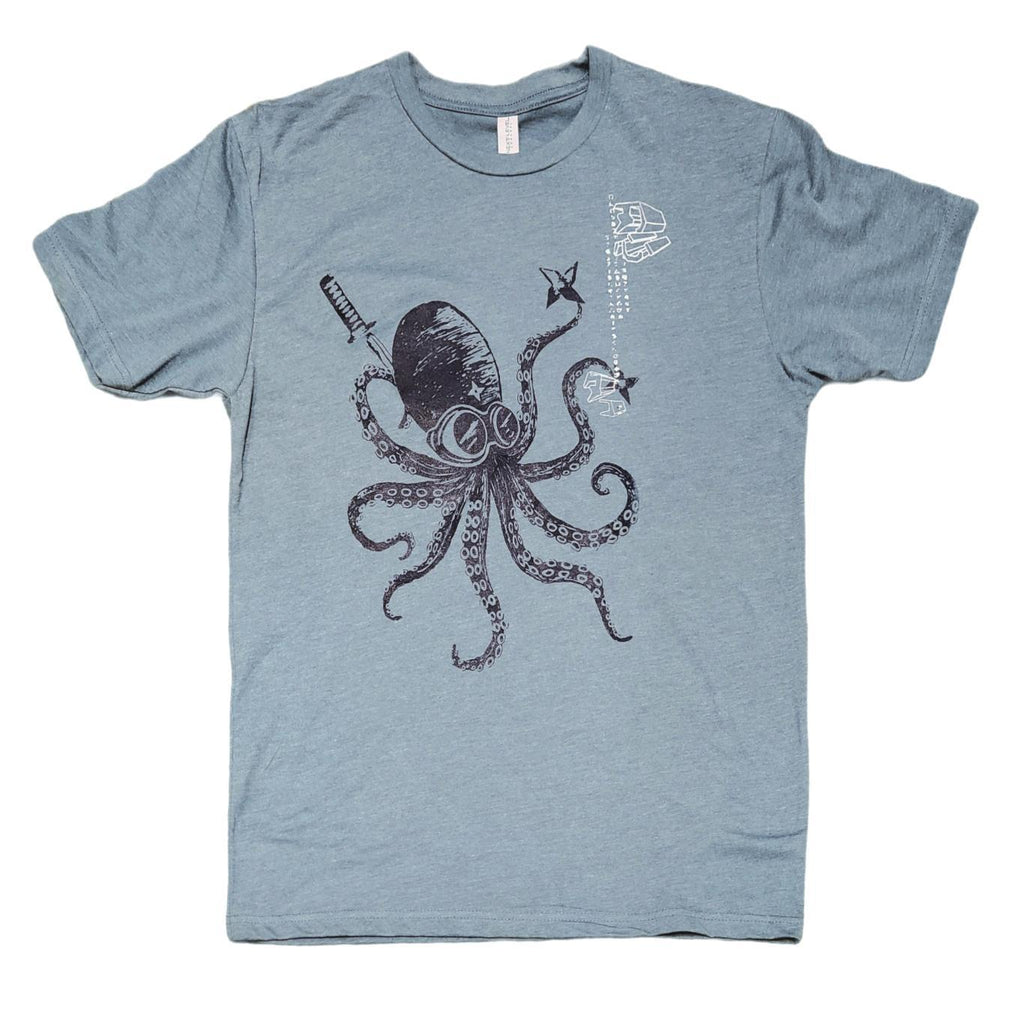 Adult Tee - Blue Ninja Octopus on Teal Crew Neck (S - 2XL) by Namu