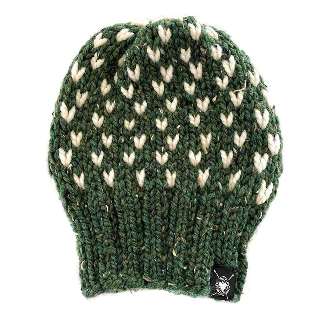 Beanie - Slouchy Blended Fiber Pomless in Pale Hearts on Evergreen by Nickichicki