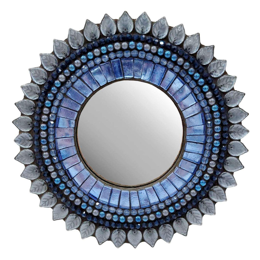 Mosaic Mirror - 7in Round (Denim Leaf) by Zetamari Mosaic Artworks