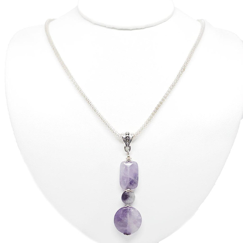 Necklace - Amethyst coin and faceted pillow beads Silver Plate Mesh chain by Tiny Aloha