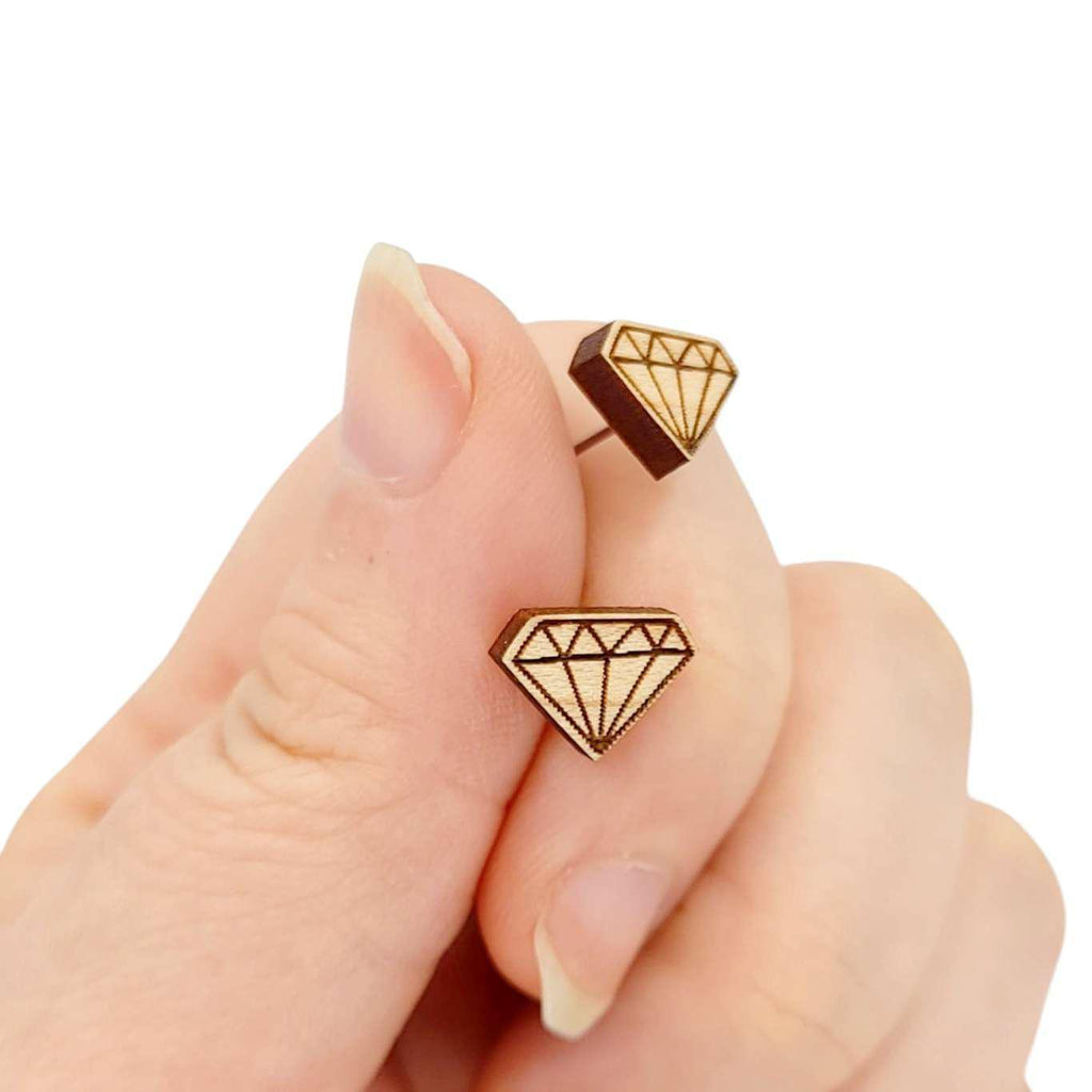 Earrings - Wooden Diamond Posts by World Of Whimm