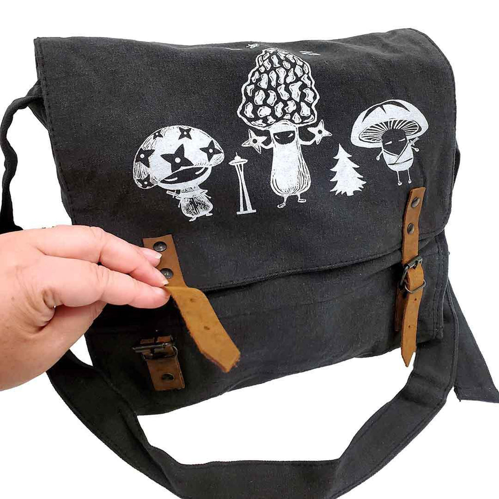 Medic Bag - White Mushroom Ninja Trio on Black Canvas Buckle Bag by Namu