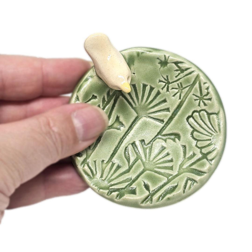Round Ring Dish - White Bird Floral (Light Green Matte) by Tasha McKelvey
