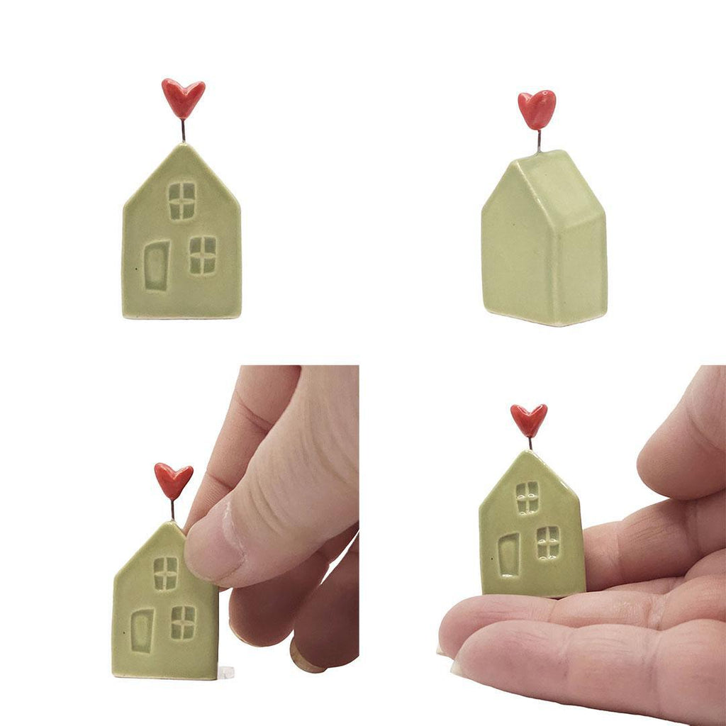 Tiny Pottery House - Grass Green with Heart (Red or Pink) by Tasha McKelvey