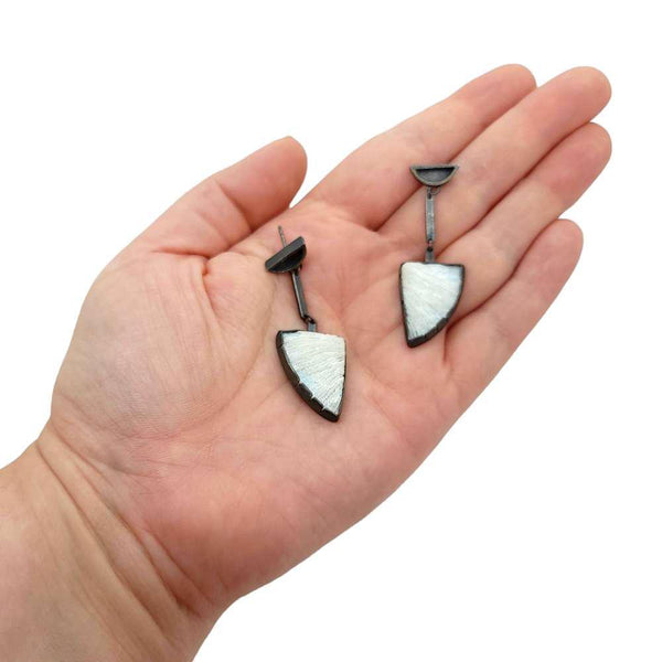 Earrings - Angled Triangle Drops in Sterling Silver and Vintage Coral by Janine DeCresenzo