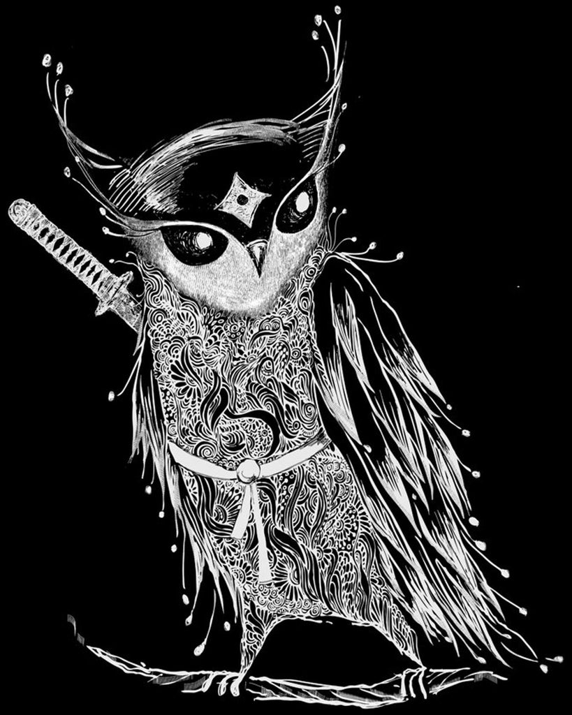 Adult Tee - White Samurai Owl on Black Crew Neck (S - 2XL) by Namu