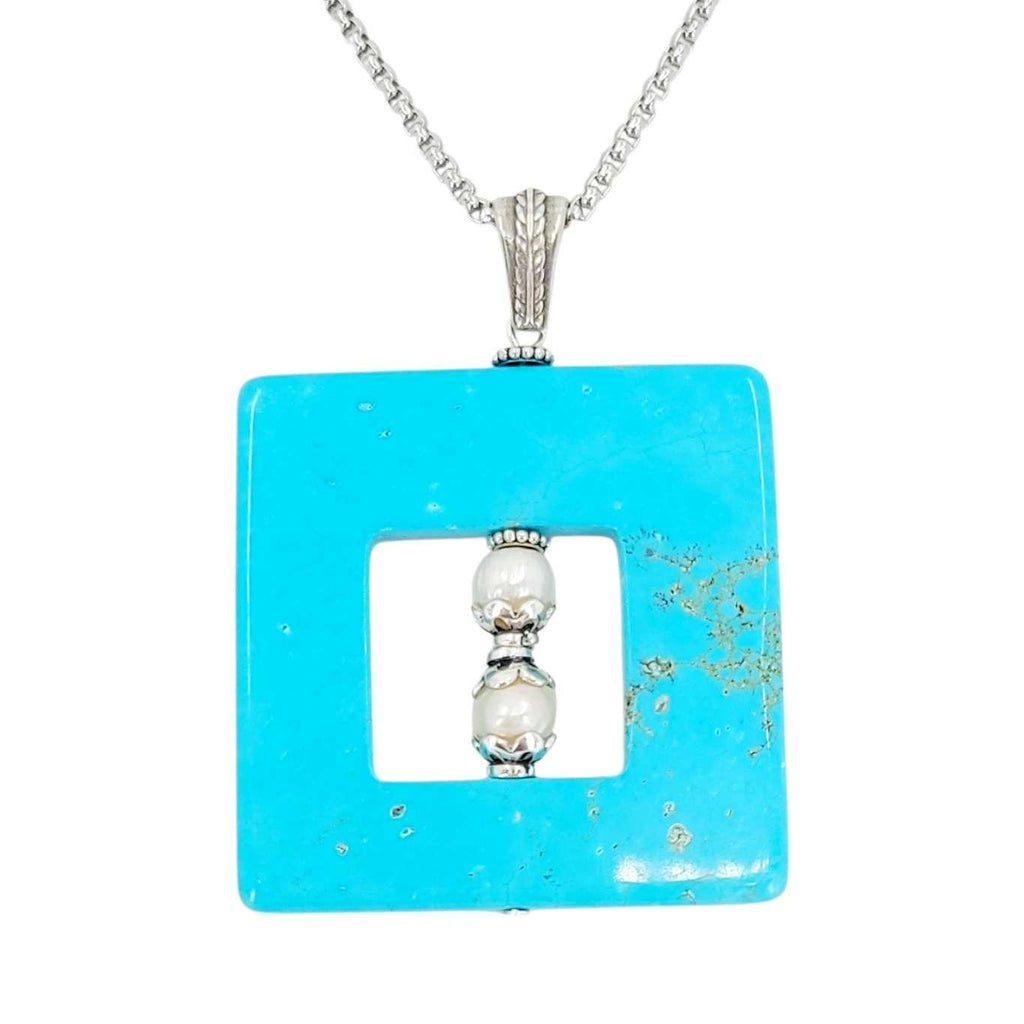 Necklace - Large Square Frame Pendant (Amazonite, Pearl, Stainless Steel) by Tiny Aloha