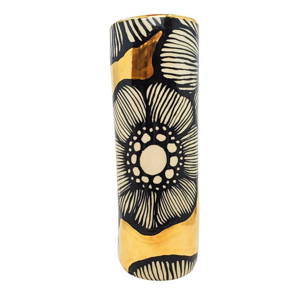 Vase - 10in - Floral Cylinder with 22k Gold Background by Hsieh Clay SF
