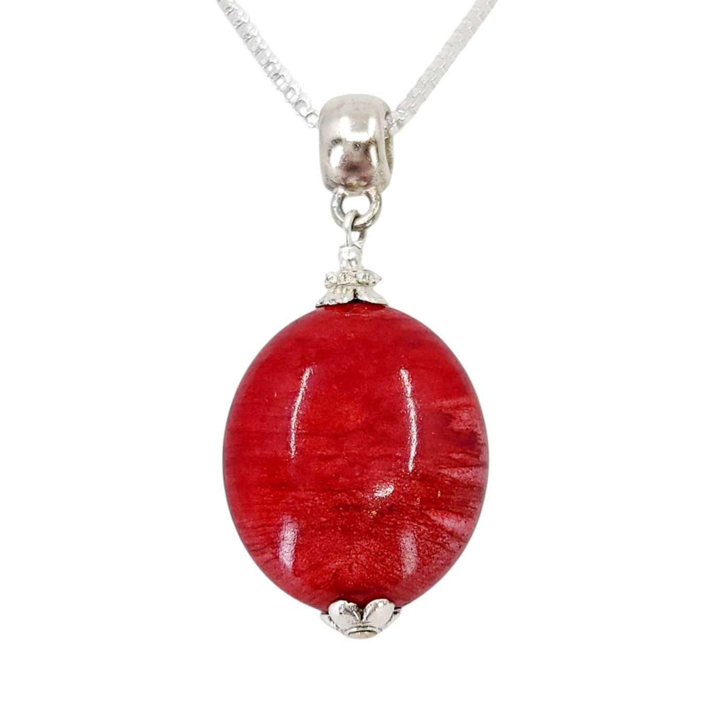 Necklace - Large Oval Pendant (Red Resin, Silver Fill) by Tiny Aloha