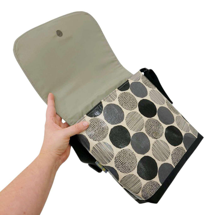 Messenger Bag - Reinforced Tall - Multi Gray & Black Dots on Linen by Laarni and Tita