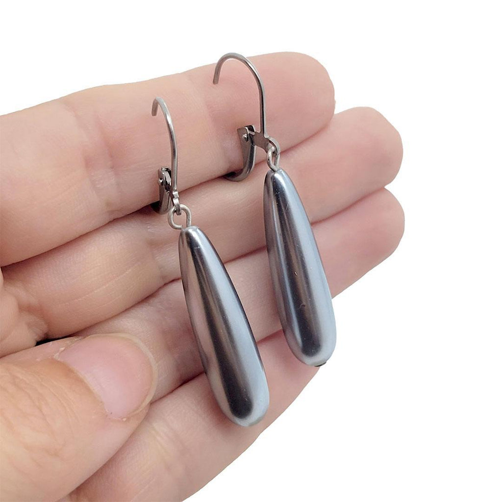Earrings - Faux Pearl Long - Drop Black Stainless Steal by Christine Stoll Studio