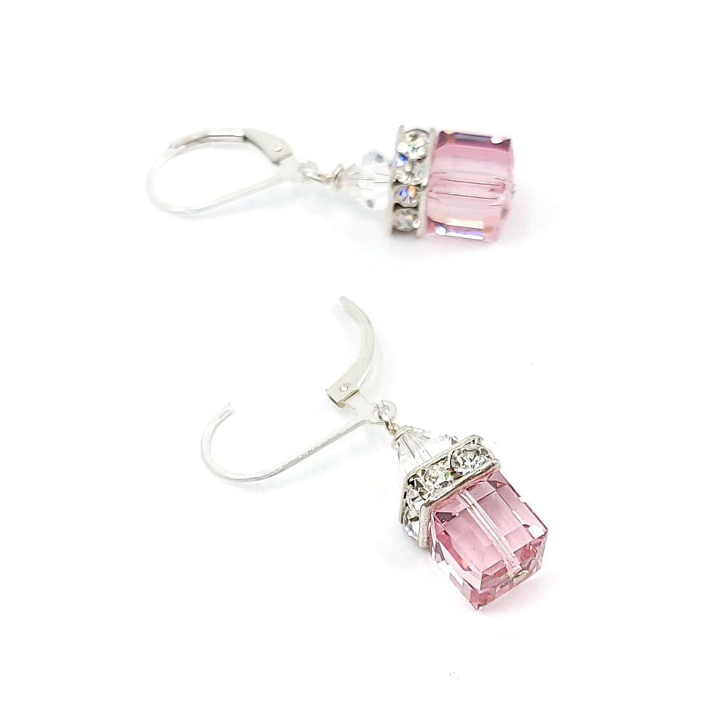 Earrings - Square Light Rose Crystal with Sterling Sterling Leverback by Sugar Sidewalk