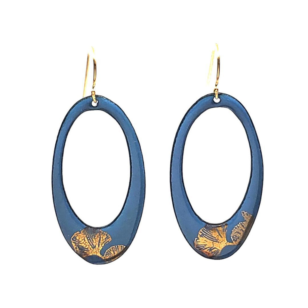 Earrings - Large Open Oval Gold Ginkgo Leaves (Cadet Blue) by Magpie Mouse Studios