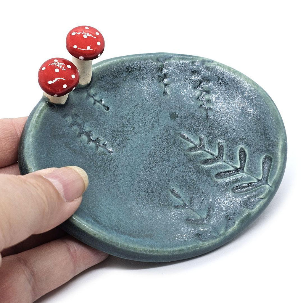 Oval Ring Dish - Red Mushrooms and Fern Fronds (Dark Teal) by Tasha McKelvey