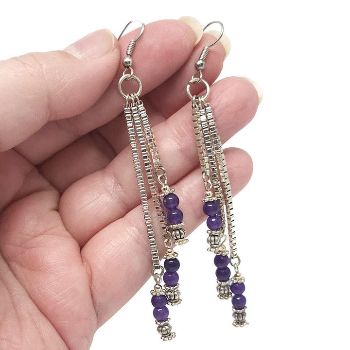 Earrings - Amethyst Triple Drop Box Chain (Silver Plate) by Tiny Aloha
