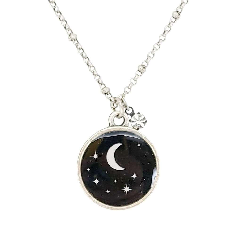 Necklace - Night Sky Resin Circle Pendant (Antiqued Silver) Jewel Accent by Christine Stoll |Altered Relics