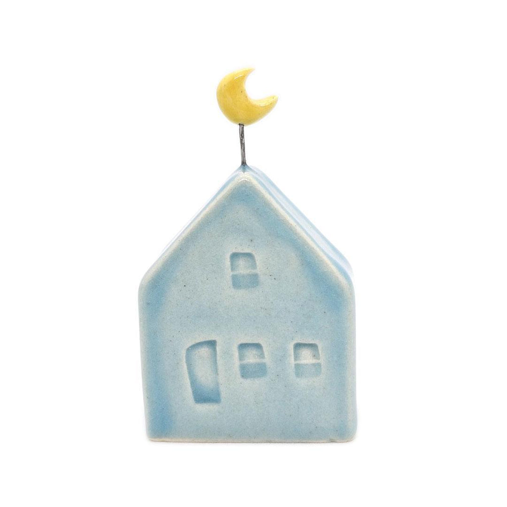 Tiny Pottery House - Aqua Blue with Moon by Tasha McKelvey